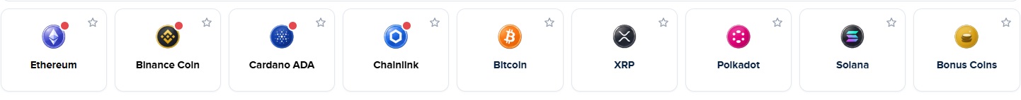 회원 화면의 종목 목록. Ethereum, Binance Coin, Cardano ADA, Chainlink, Bitcoin, XRP, Polkadot, Solana, Bonus Coins가 카드로 나열돼 있습니다.